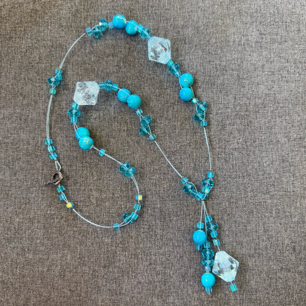 Handcrafted Aqua Blue Acrylic Beads On A 26” Necklace